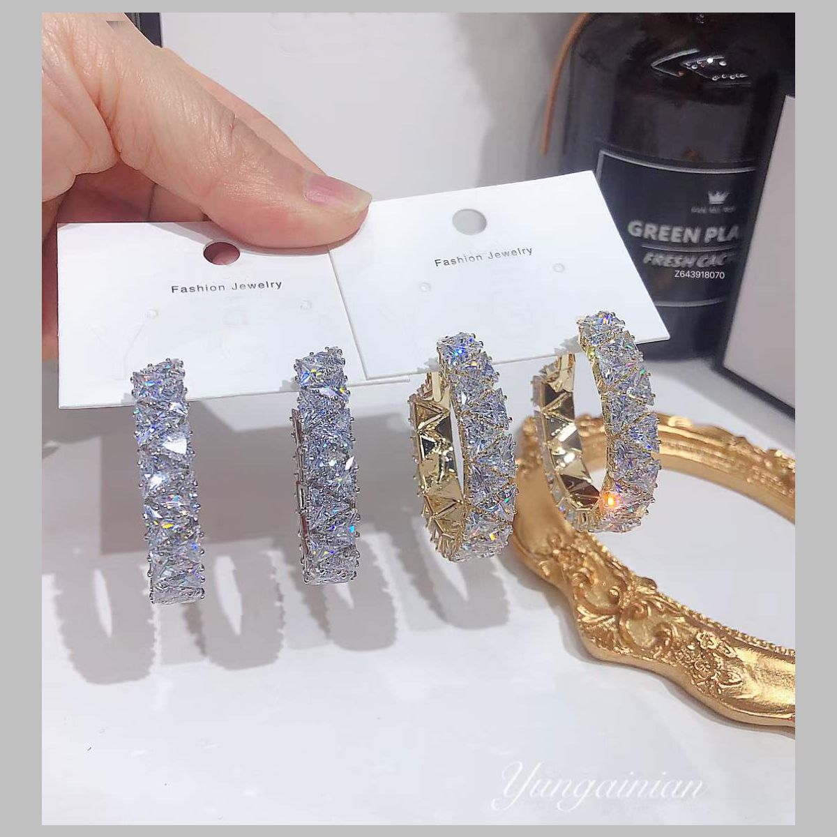Triangle Solitaire 18K Gold CZ Anti Tarnish Hoop Earring Bulk Main image