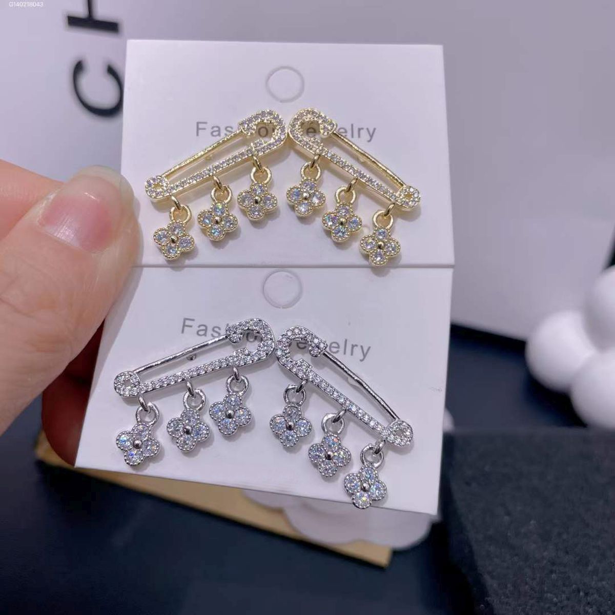 Safety Pin Clover Flower 18K Gold Cubic Zirconia Anti Tarnish Stud Dangler Earring For Women Main image