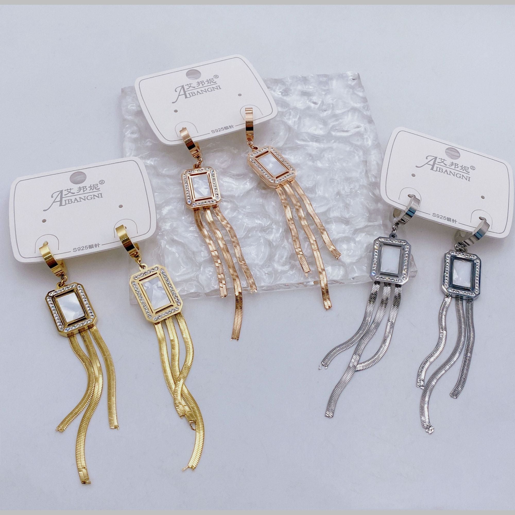 Snake Chain Mother Of Pear Cubic Zirconia 18K Gold Anti Tarnish Stainless Steel Dangler Tassel Earring For Women Main image
