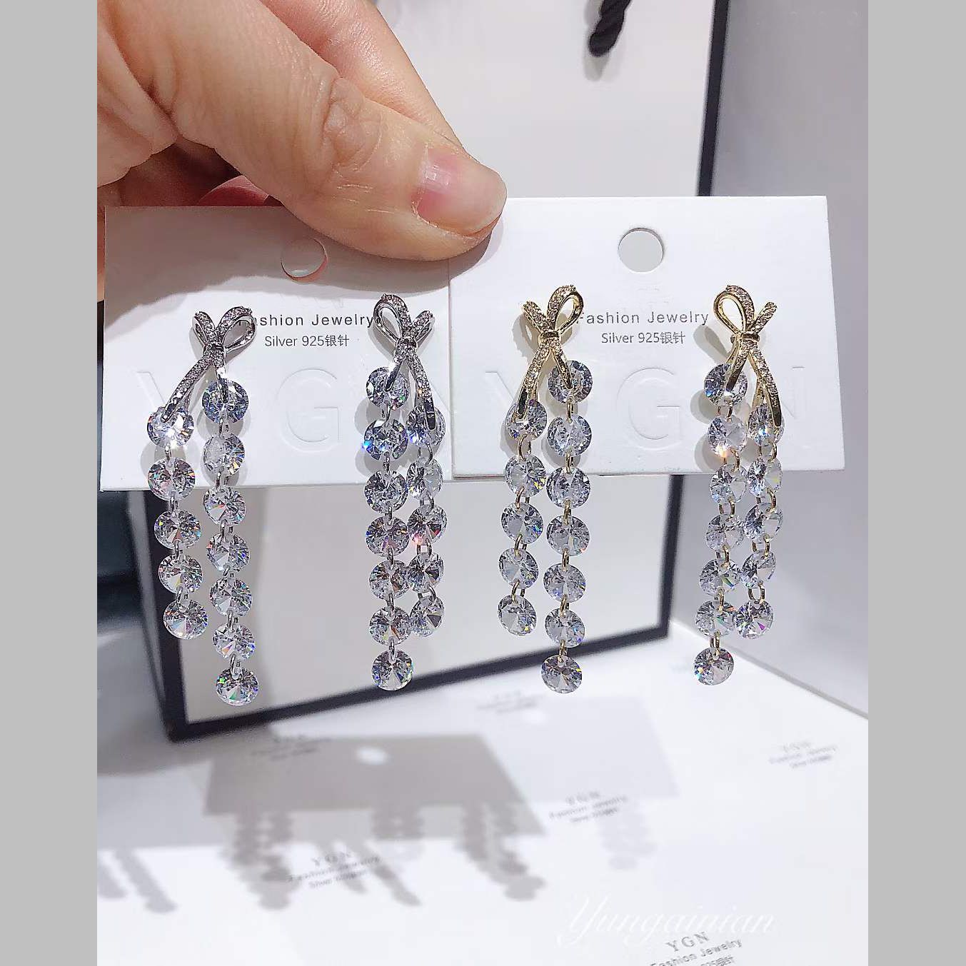 Ribbon CZ 18K Gold Anti Tarnish Dangler Tassel Earring Bulk Main image