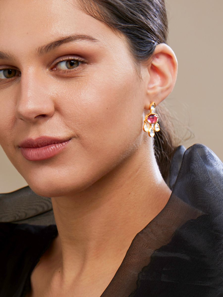 Copper Cubic Zirconia Crystal Ruby Red Gold Dangler Drop Earring Bulk
