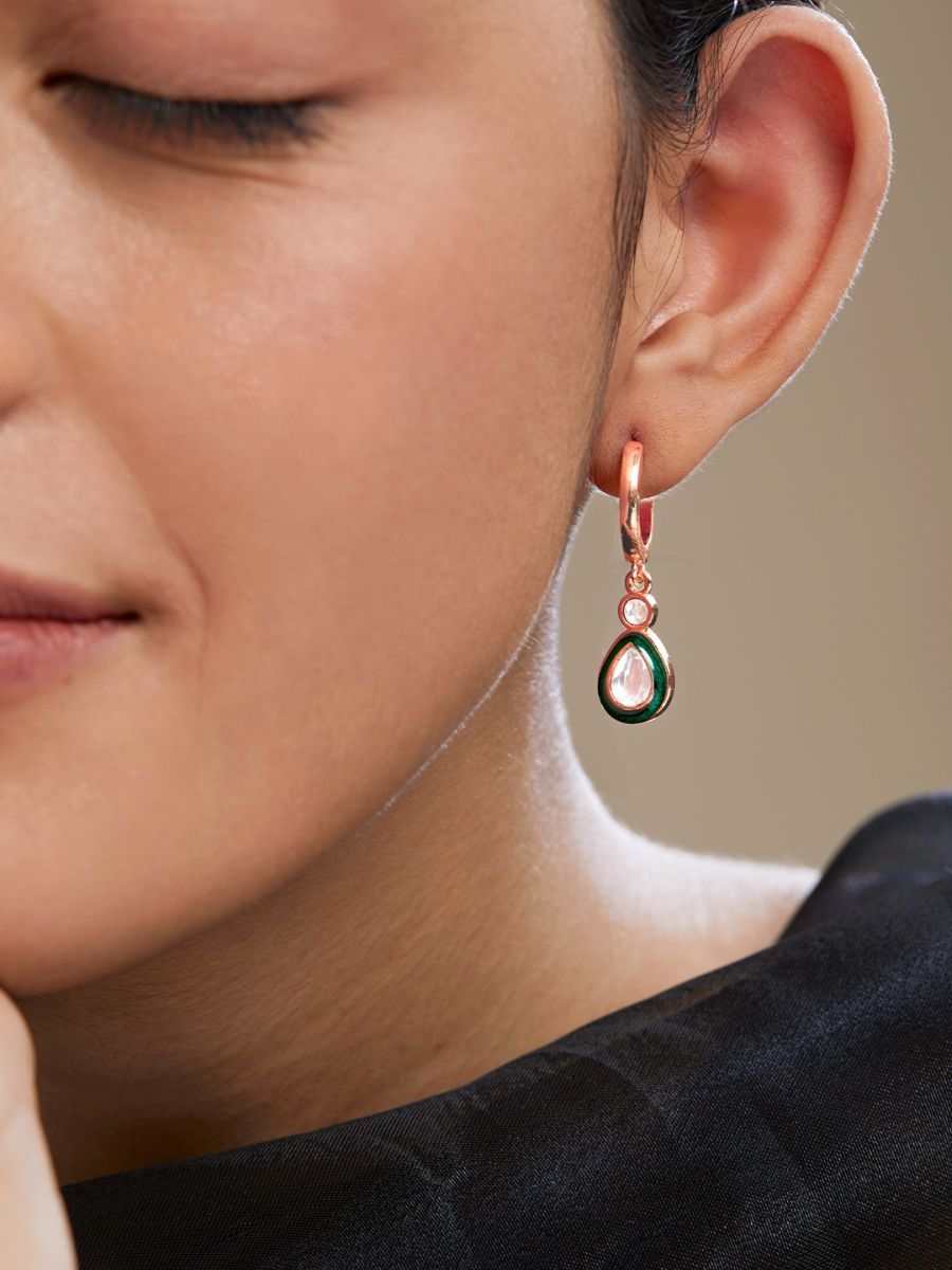 Copper Pear Cut CZ Enamel Green Gold Drop Hoop Earring Bulk