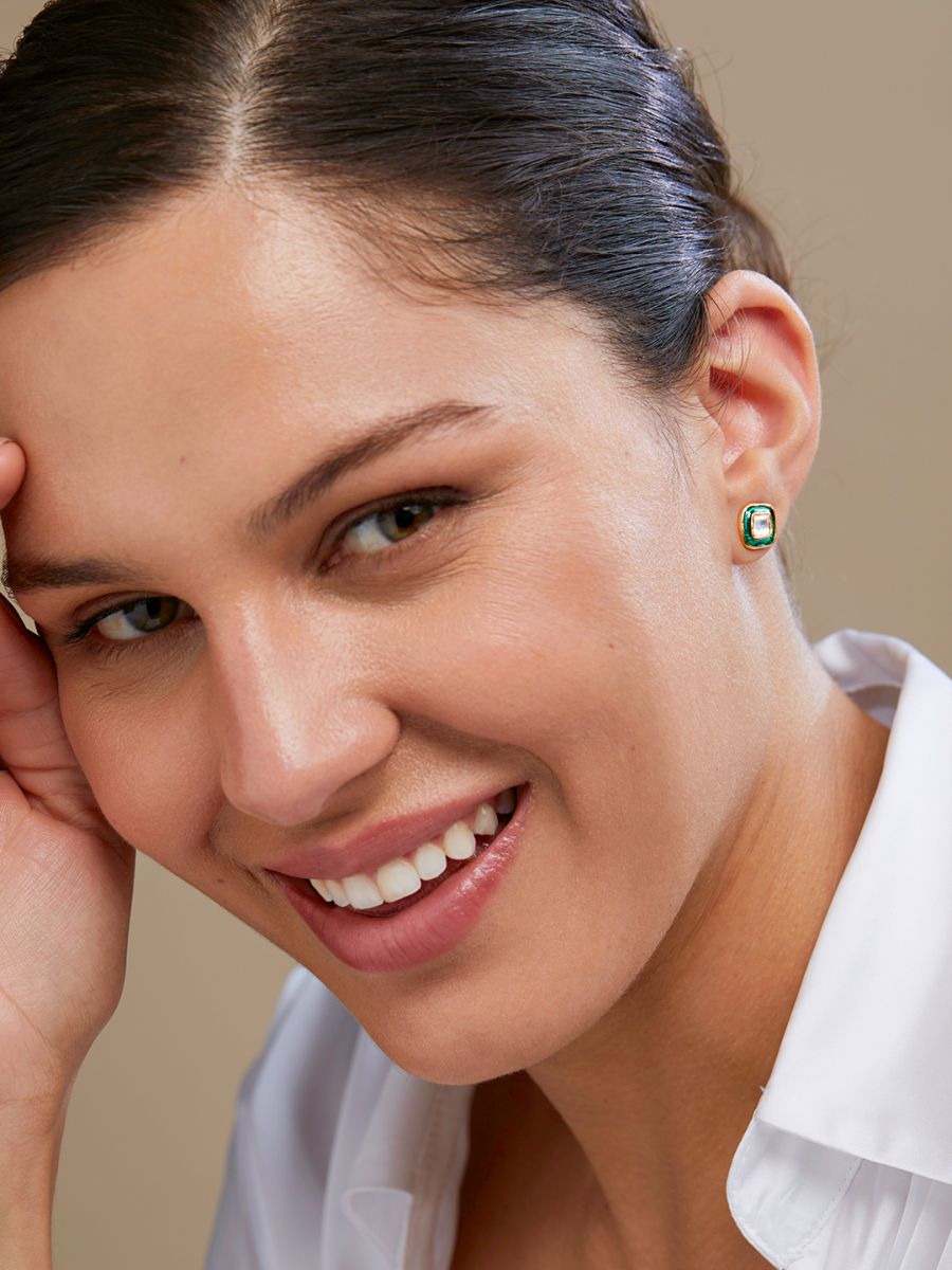Copper Cushion Cut Cubic Zirconia Square Green Gold Stud Earring Bulk
