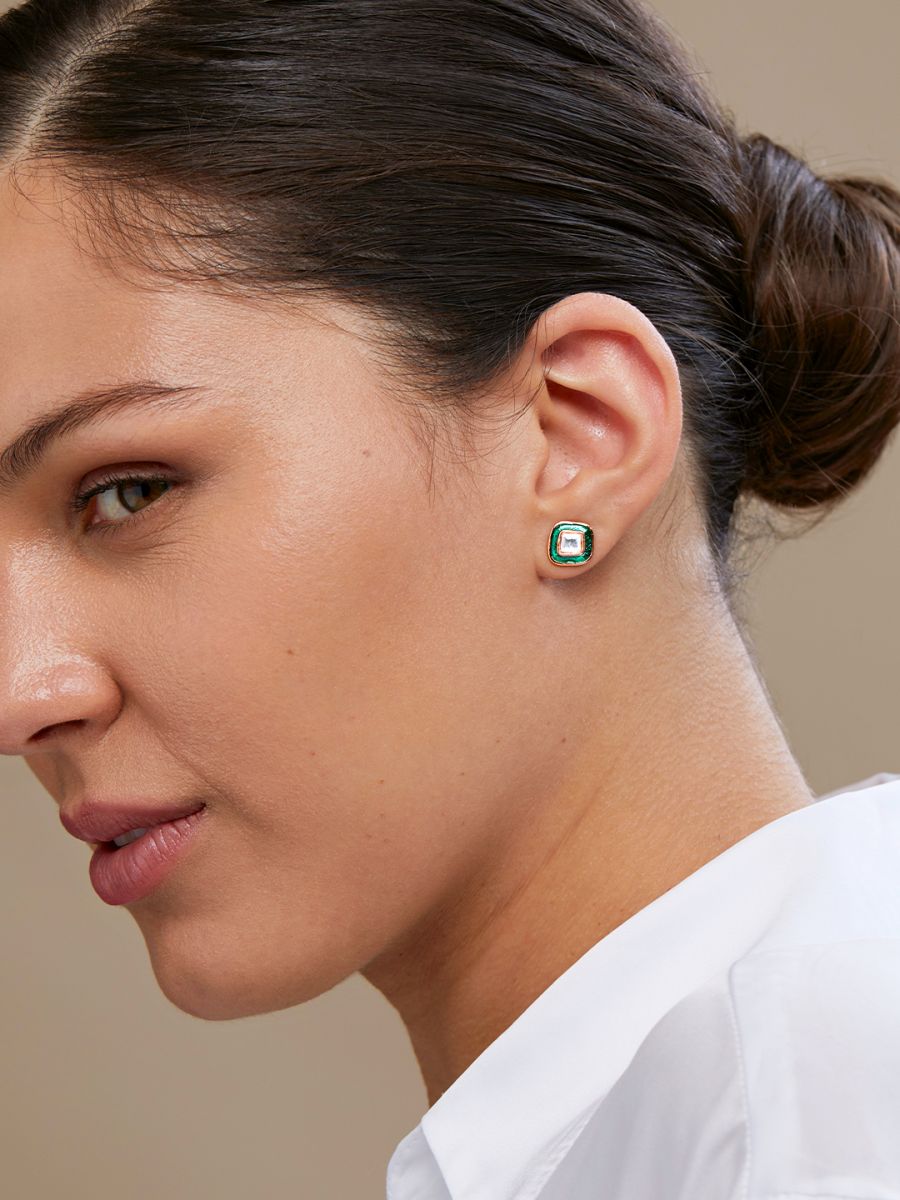Copper Cushion Cut Cubic Zirconia Square Green Gold Stud Earring Bulk