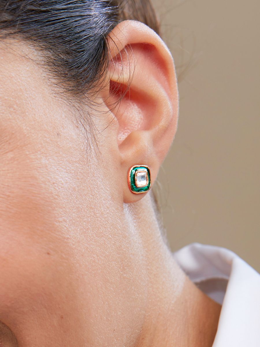 Copper Cushion Cut Cubic Zirconia Square Green Gold Stud Earring Bulk