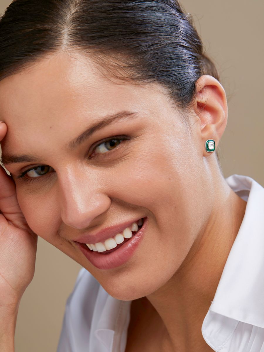 Copper Cushion Cut Cubic Zirconia Square Green Gold Stud Earring Bulk