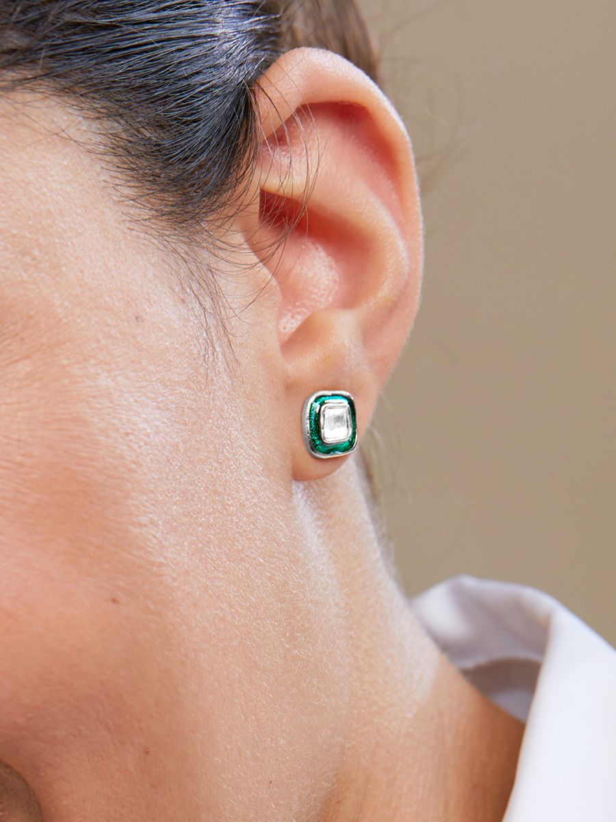 Copper Cushion Cut Cubic Zirconia Square Green Gold Stud Earring Bulk