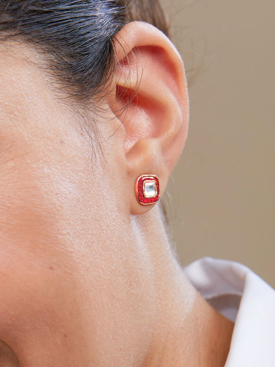 Copper Cushion Cut Cubic Zirconia Square Red Gold Stud Earring Bulk
