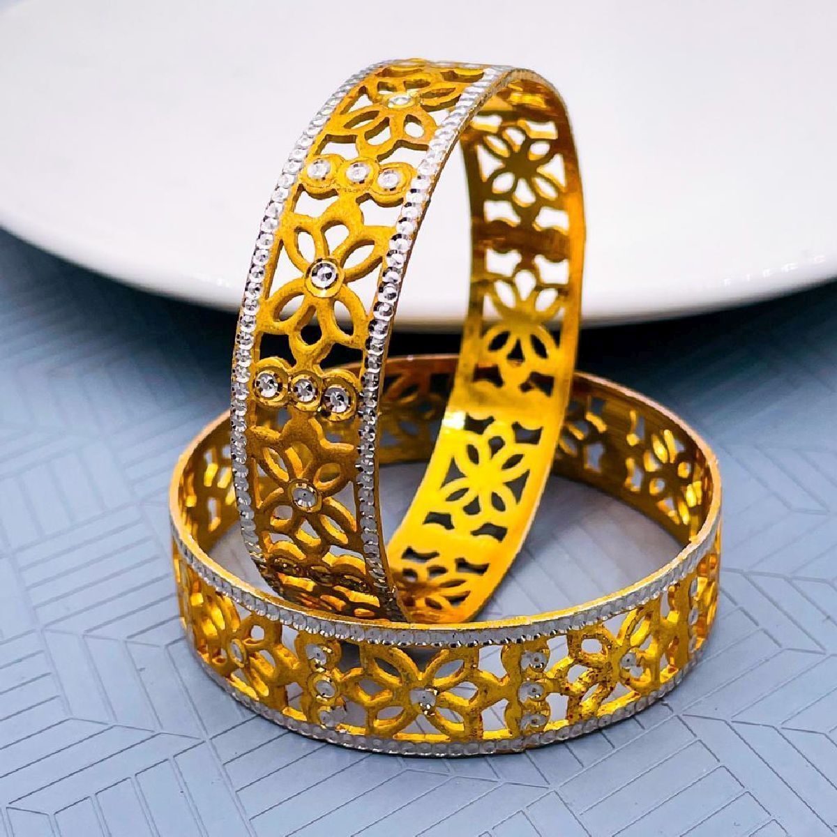 Filigree Flower Gold Plated Matte Rhodium Bangle Pair For Women Bulk Main image