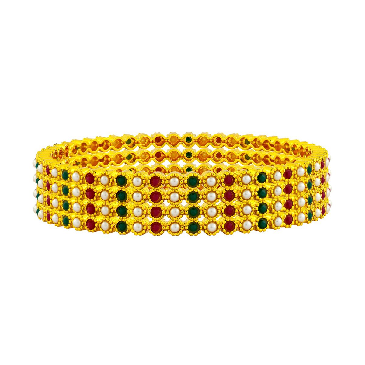 Eternity Pearl Red Green 22K Gold Plated Bangle Set Of 4 Women Bulk