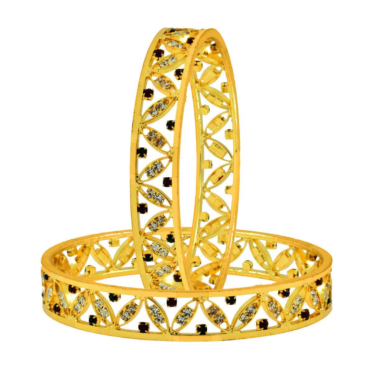 Floral Leaf Maroon American Diamond Cz 22K Gold Bangle Pair Women Main image