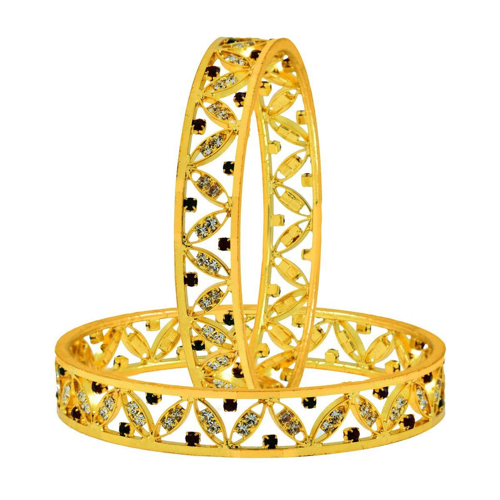 Floral Leaf Maroon American Diamond Cz 22K Gold Bangle Pair Women