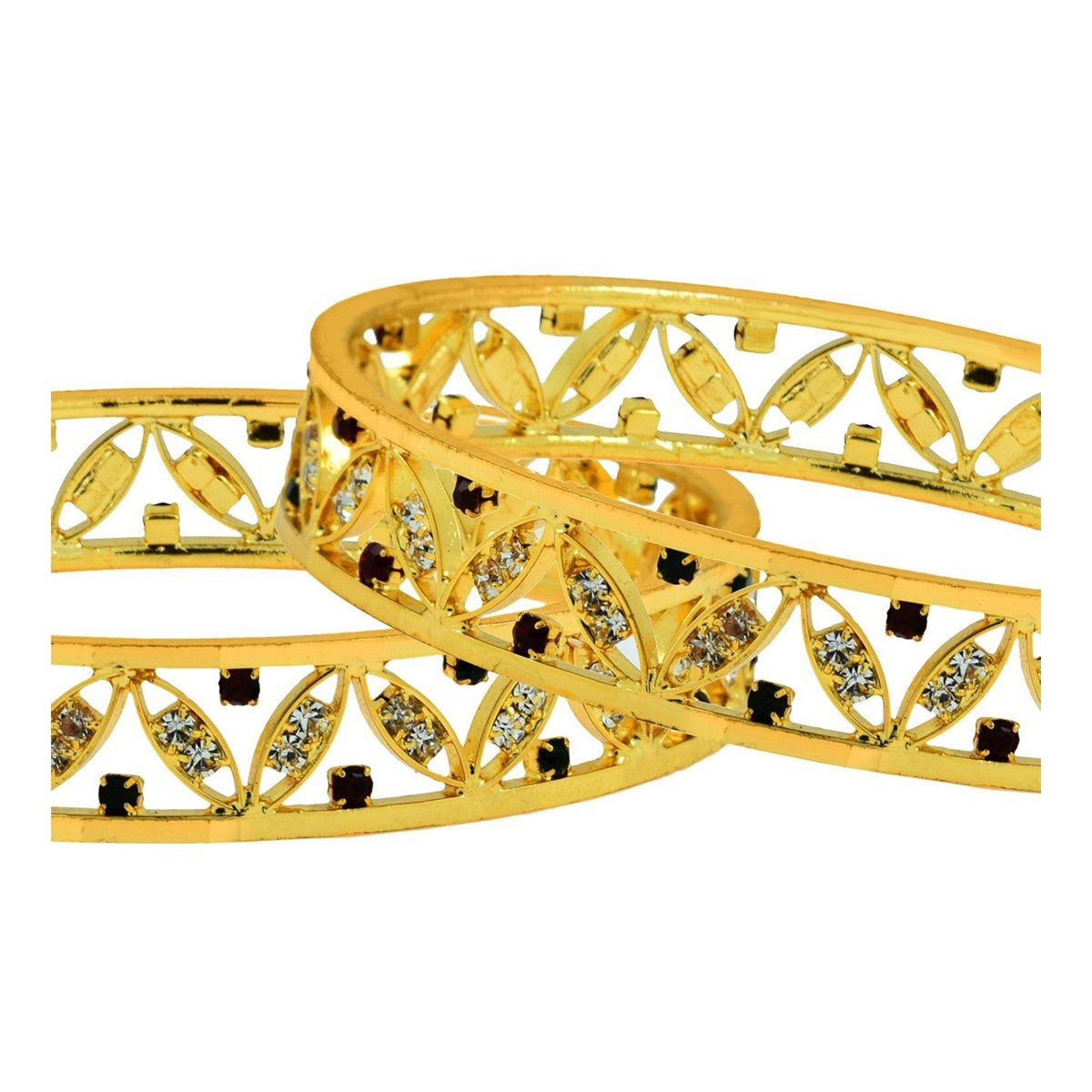 Floral Leaf Maroon American Diamond Cz 22K Gold Bangle Pair Women Secondary image
