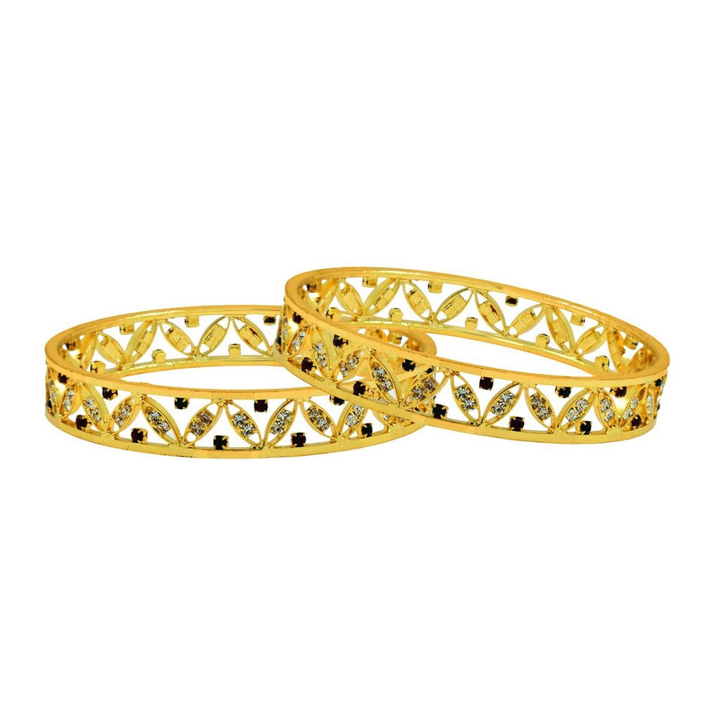 Floral Leaf Maroon American Diamond Cz 22K Gold Bangle Pair Women