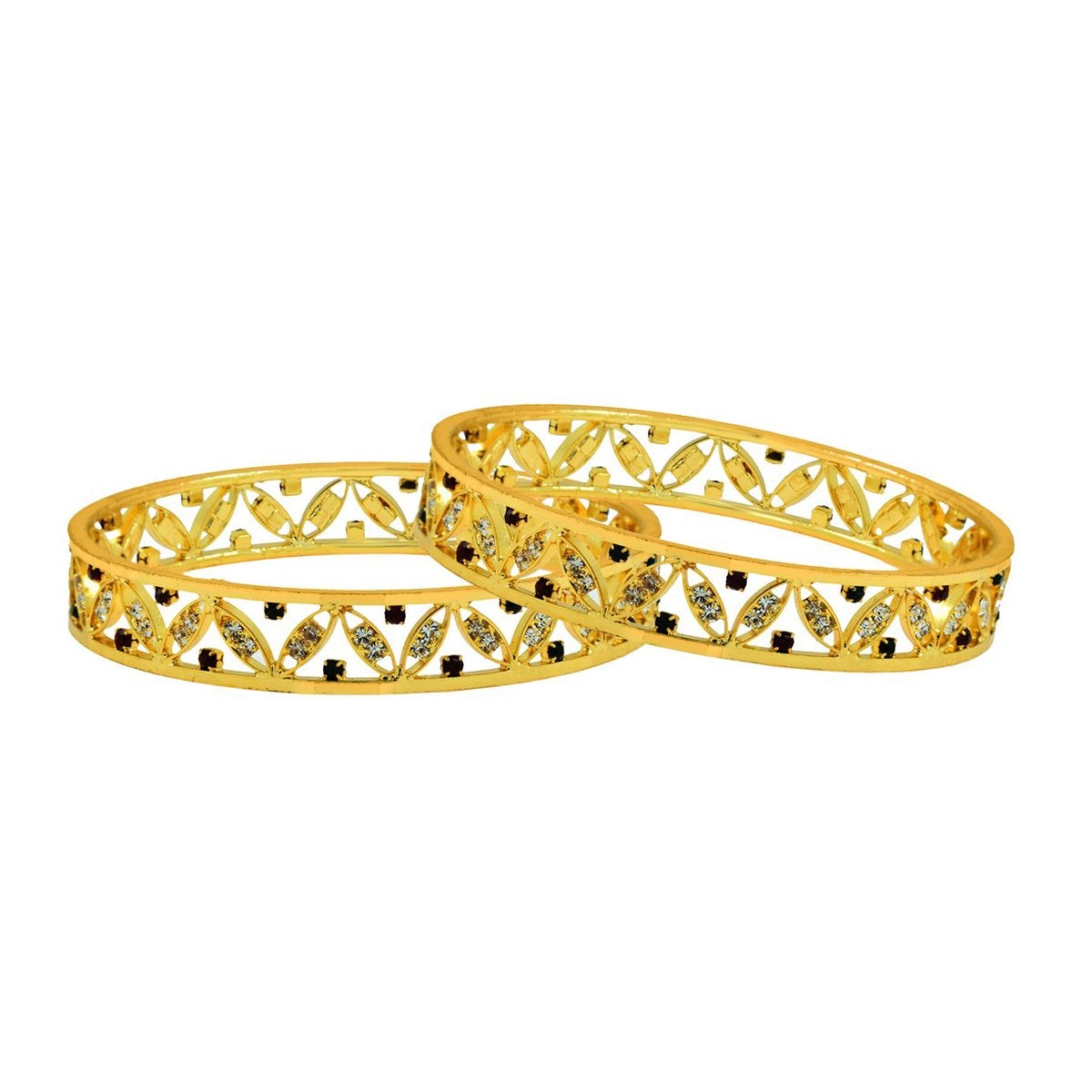 Floral Leaf Maroon American Diamond Cz 22K Gold Bangle Pair Women