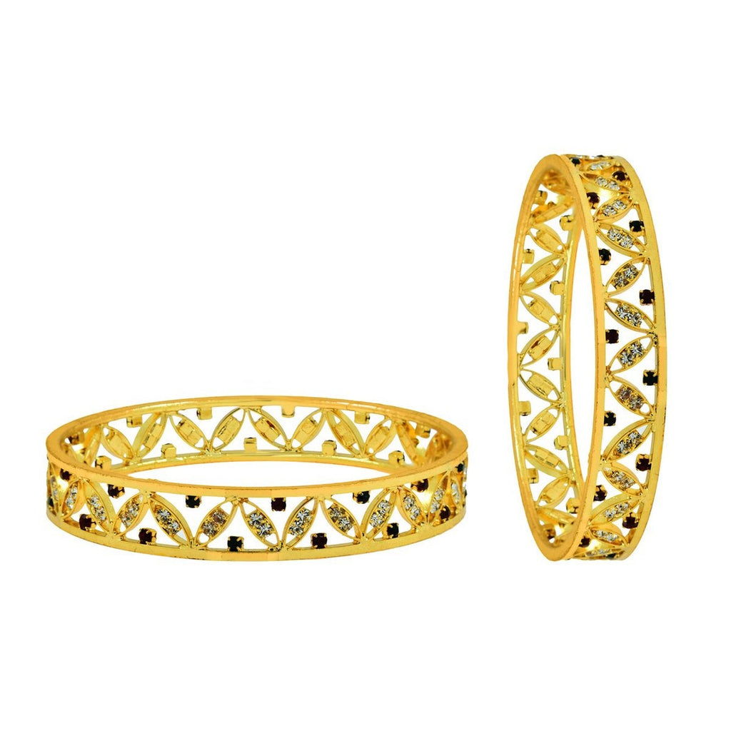 Floral Leaf Maroon American Diamond Cz 22K Gold Bangle Pair Women