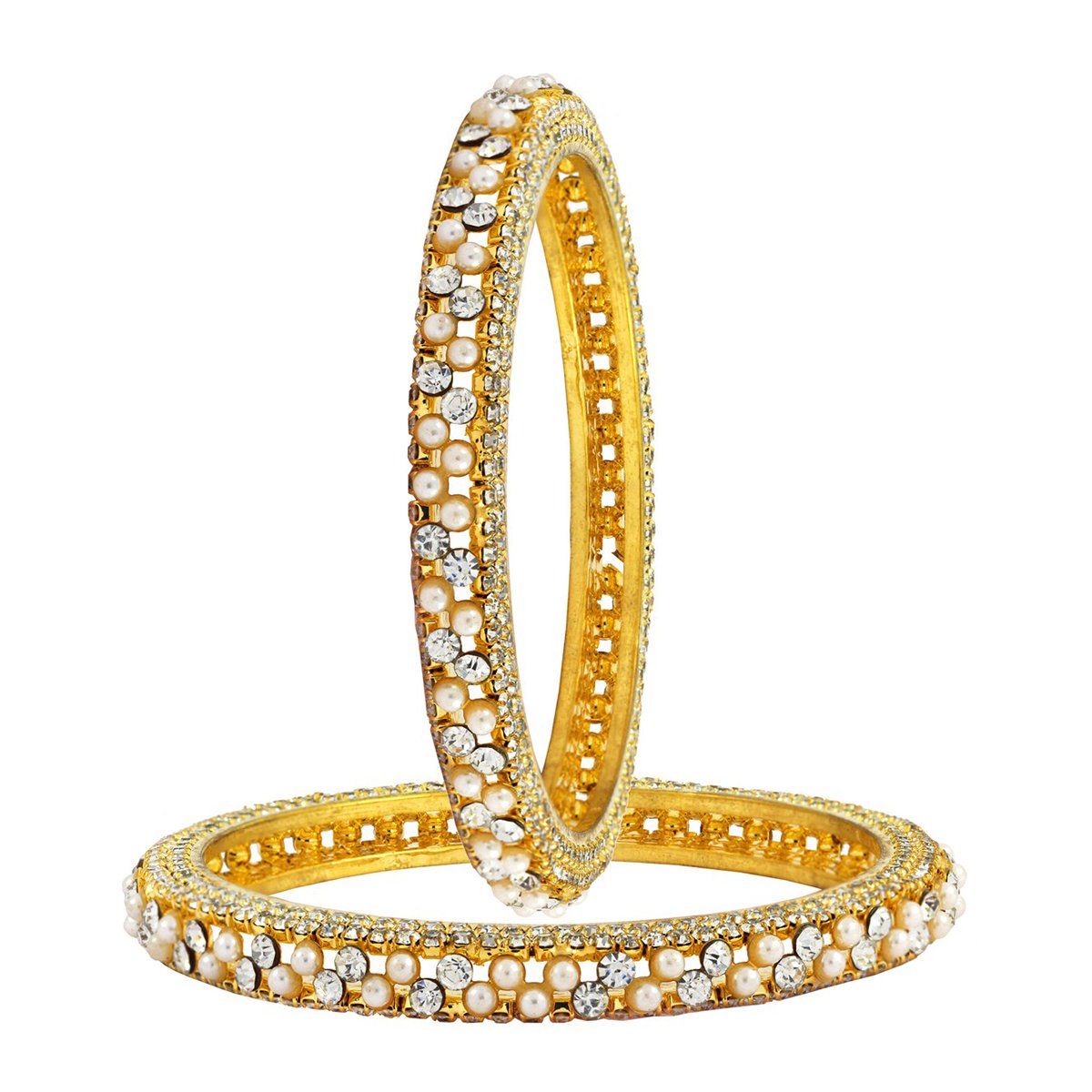 Wedding Pearl American Diamond Gold Bangle Pair Set Of 2 Girls Bulk