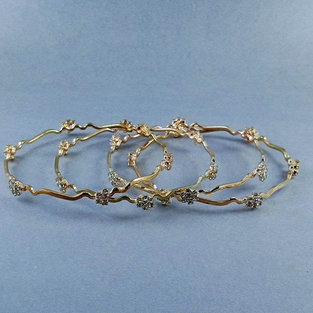 Stylish Wave Brass Gold Cubic Zirconia Bangle Pair Set Of 4 Women Bulk
