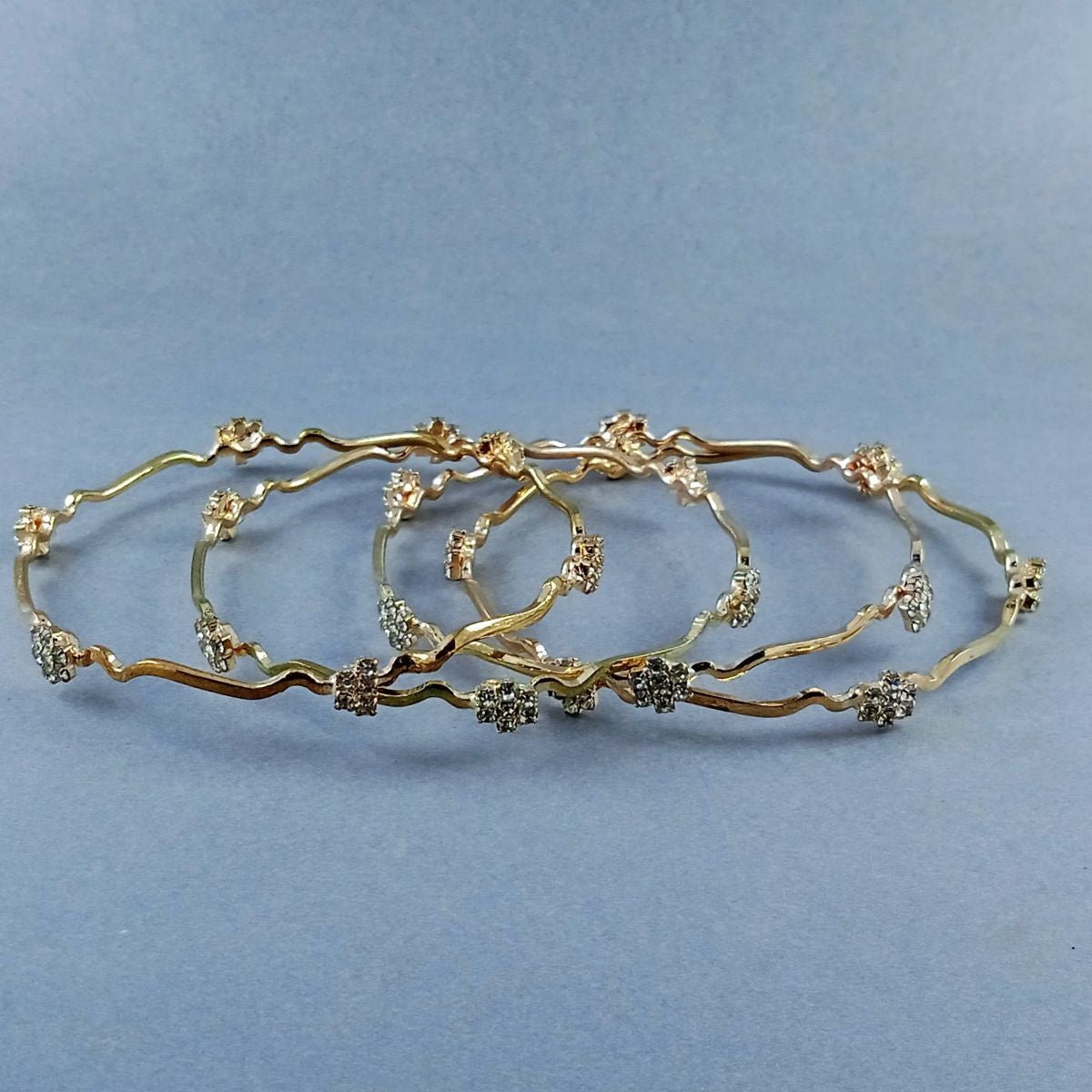 Stylish Wave Brass Gold Cubic Zirconia Bangle Pair Set Of 4 Women Bulk