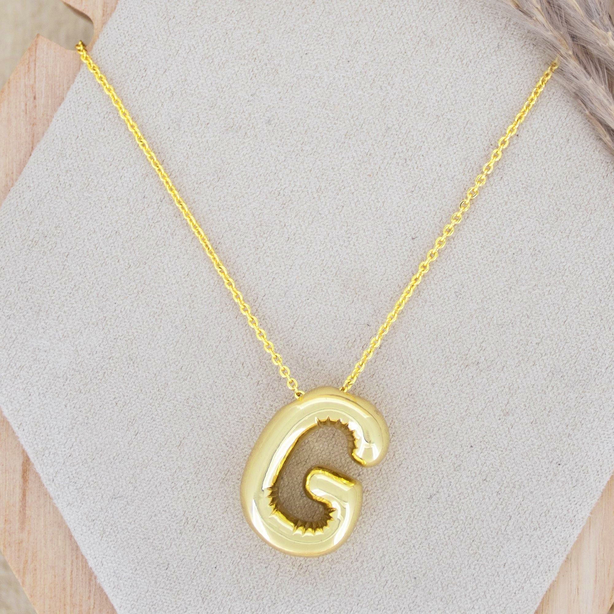 A Party Balloon Bubble Puffed Initial Alphabet Letter 18K Glossy Gold Anti Tarnish Pendant Chain