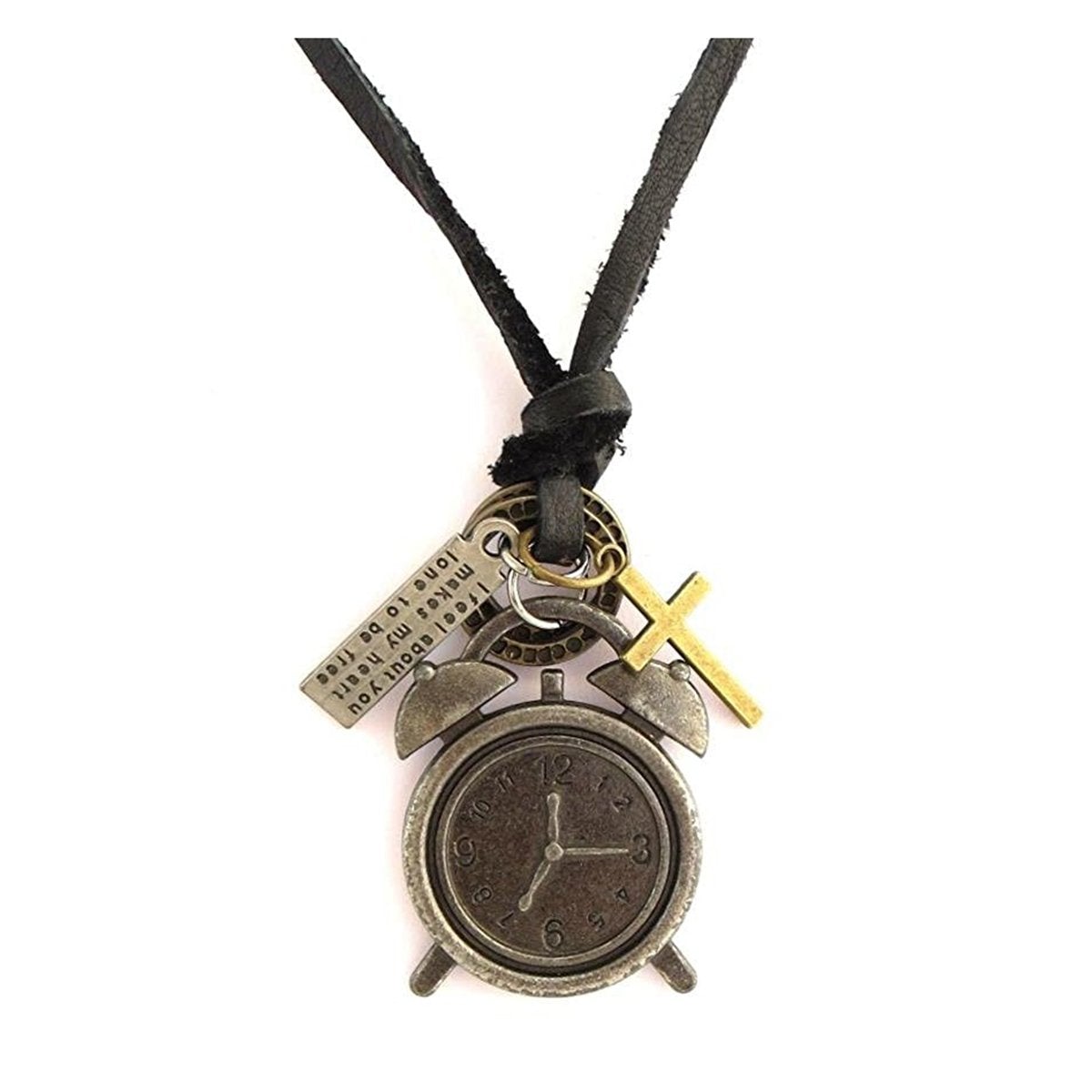 Vintage Bronze Clock Charm Men Pendant Leather Chain Adjustable Bulk