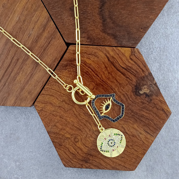 Gold Evil Eye Medal Hamsa Charm Link Necklace Chain For Women Bulk Main image