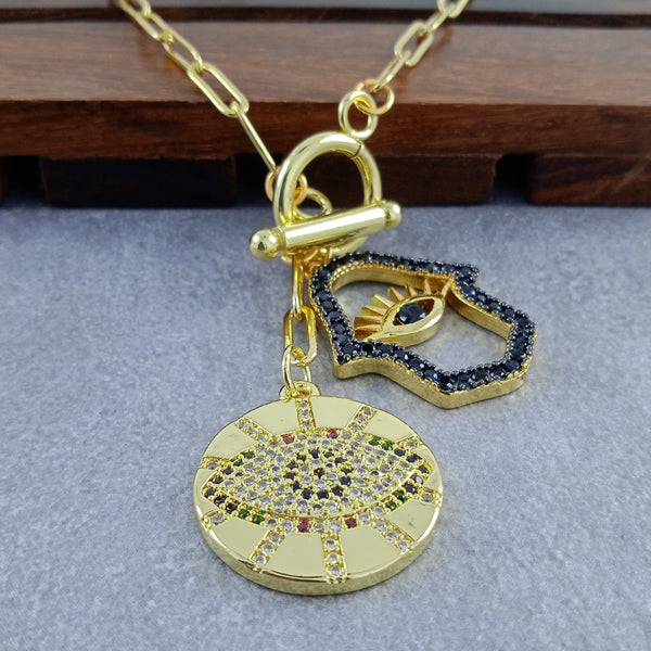 Gold Evil Eye Medal Hamsa Charm Link Necklace Chain For Women Bulk Secondary image