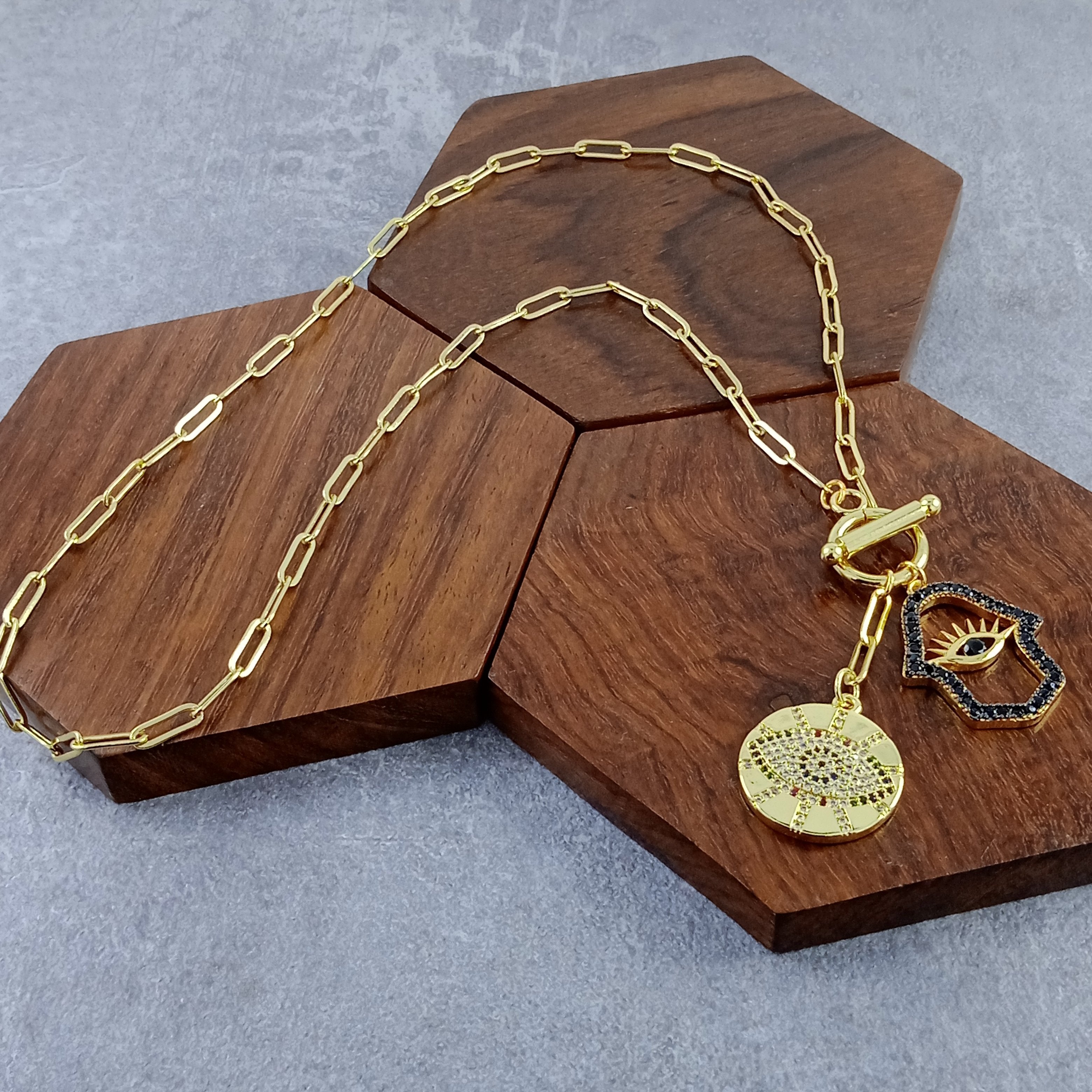 Gold Evil Eye Medal Hamsa Charm Link Necklace Chain For Women Bulk
