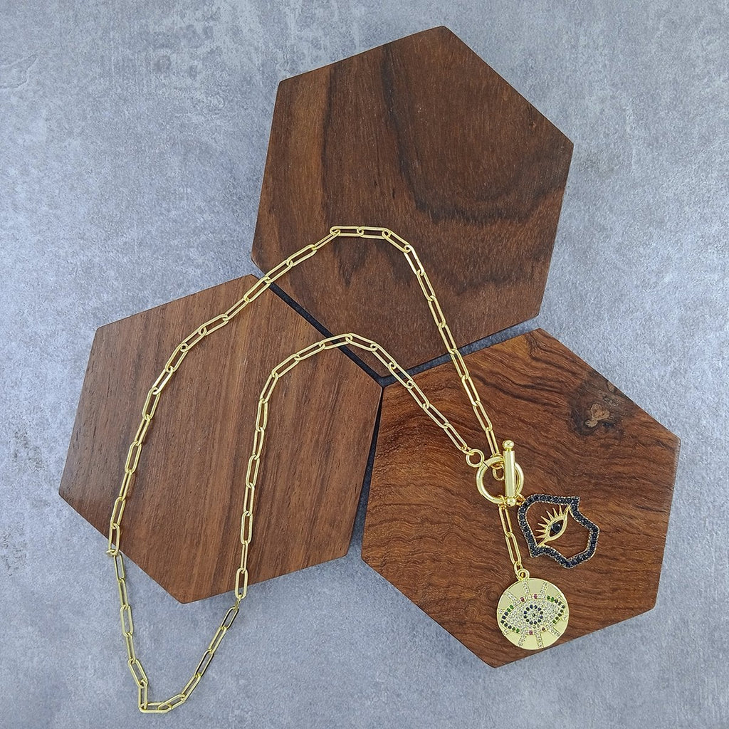 Gold Evil Eye Medal Hamsa Charm Link Necklace Chain For Women Bulk