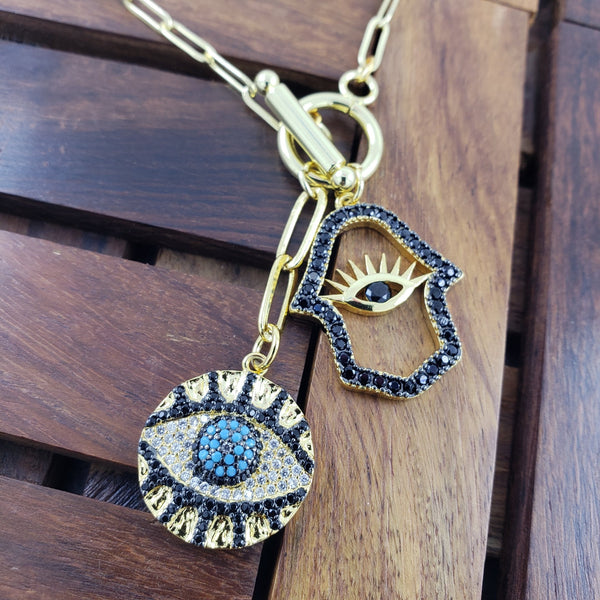 Evil Eye Medal Hamsa Charm Gold Black Link Necklace Chain Women Bulk Main image