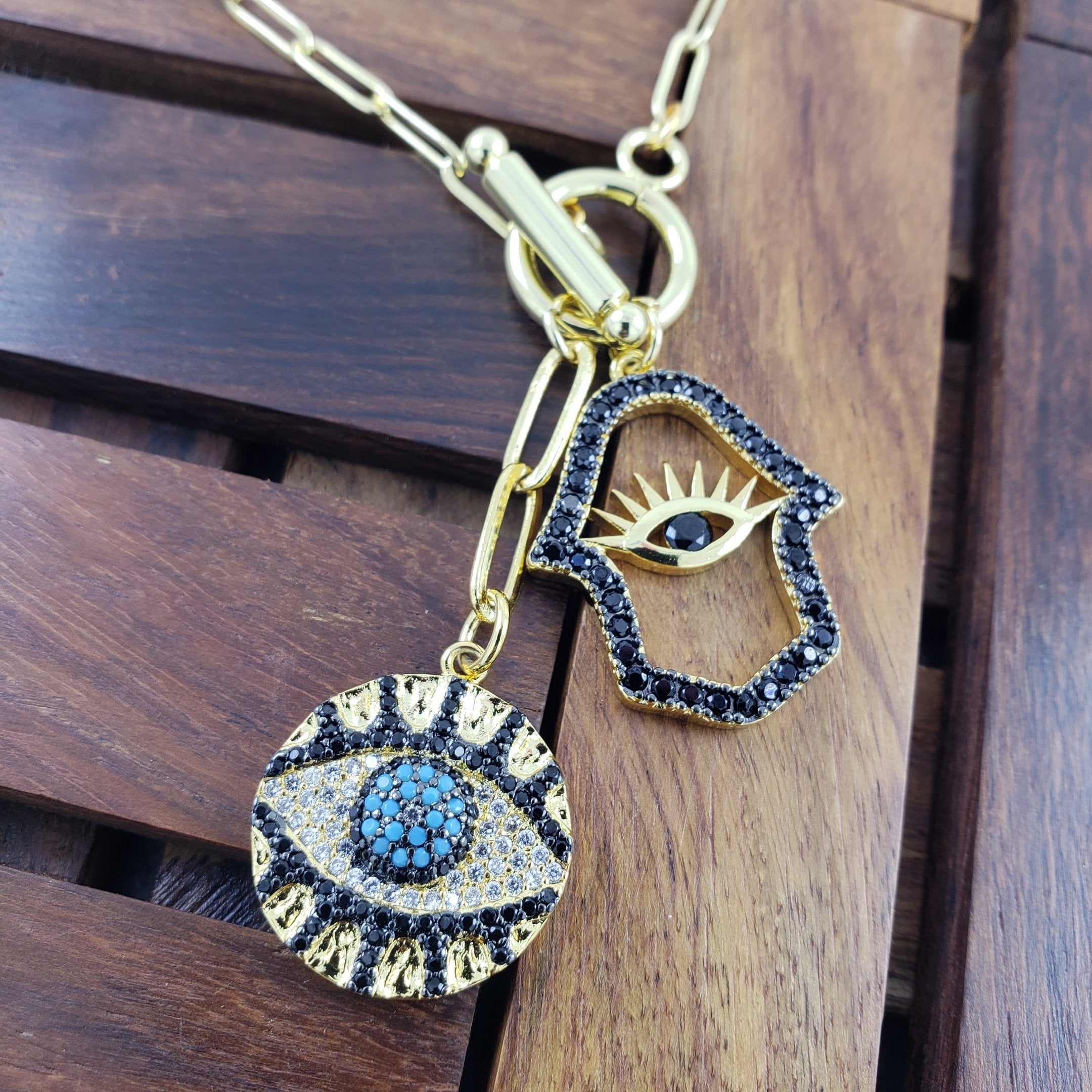 Evil Eye Medal Hamsa Charm Gold Black Link Necklace Chain Women Bulk