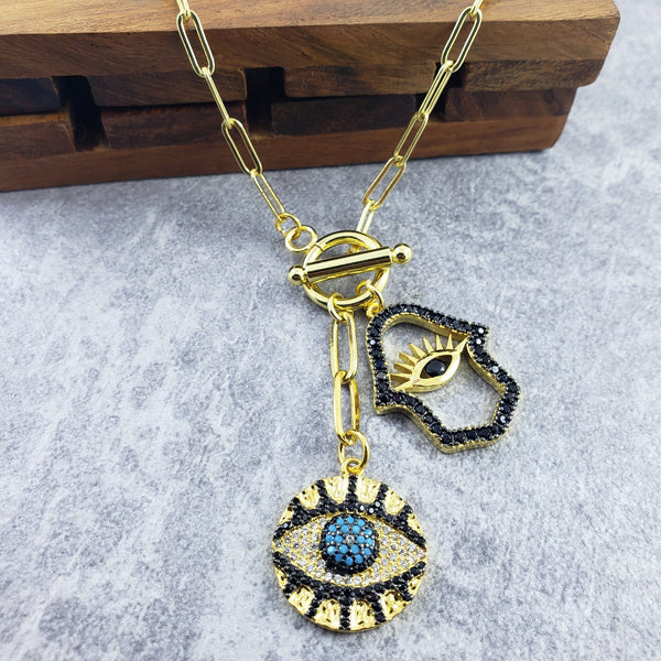 Evil Eye Medal Hamsa Charm Gold Black Link Necklace Chain Women Bulk Secondary image