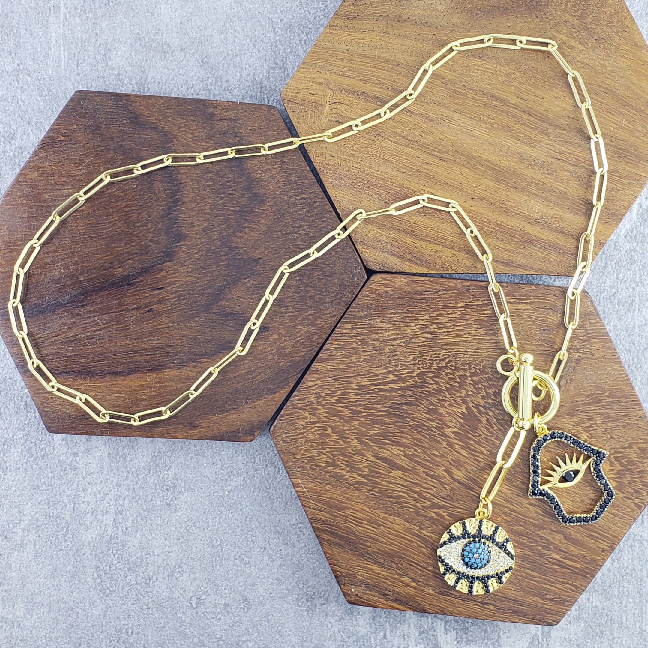 Evil Eye Medal Hamsa Charm Gold Black Link Necklace Chain Women Bulk