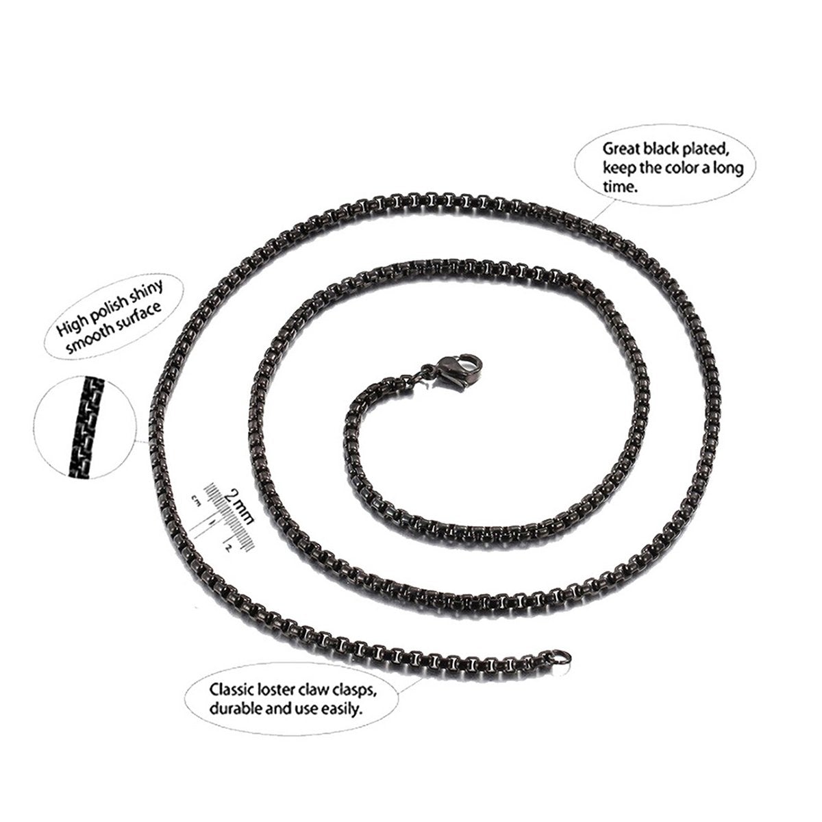 Popcorn Box Link Black 316L Stainless Steel 24" Necklace Chain Bulk