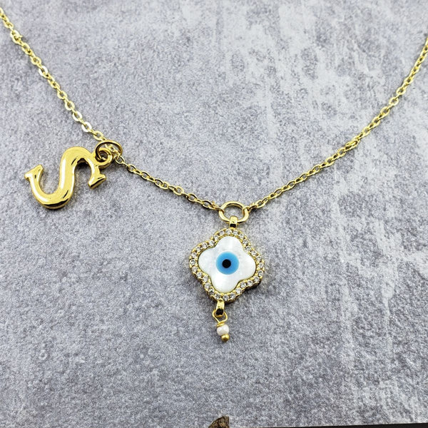 Evil Eye Flower Gold Alphabets Initial Letter Charm American Diamonds Choker Necklace Chain For Women Main image