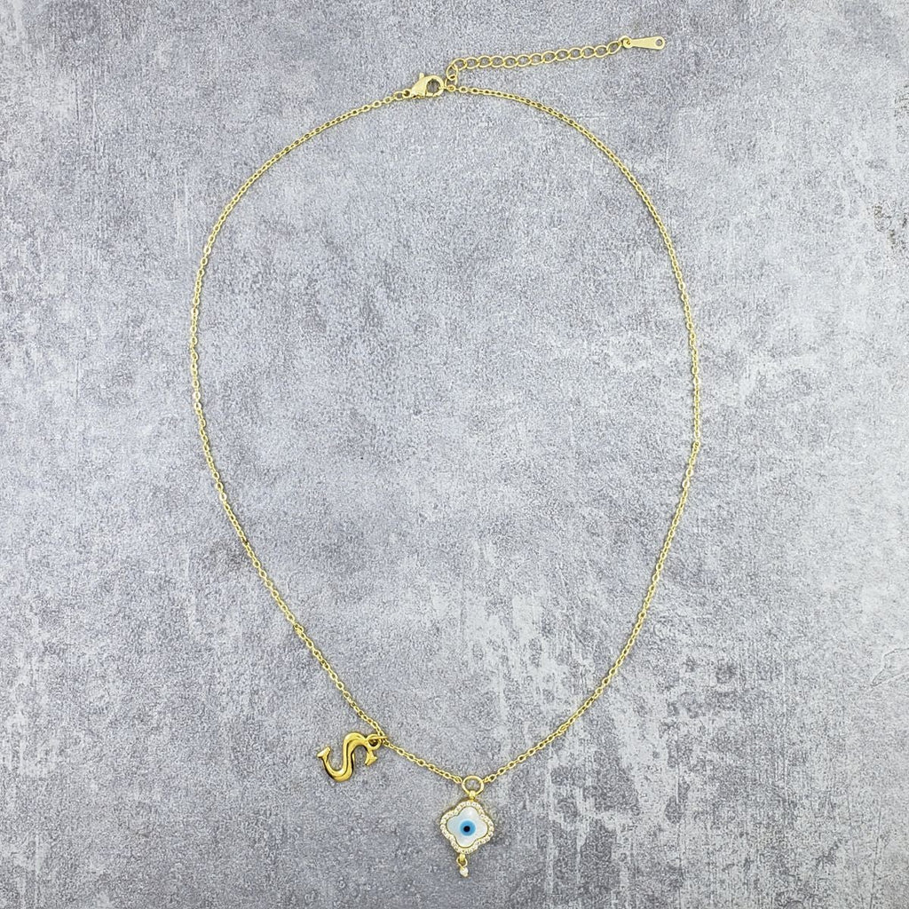 Evil Eye Flower Gold Alphabets Initial Letter Charm American Diamonds Choker Necklace Chain For Women
