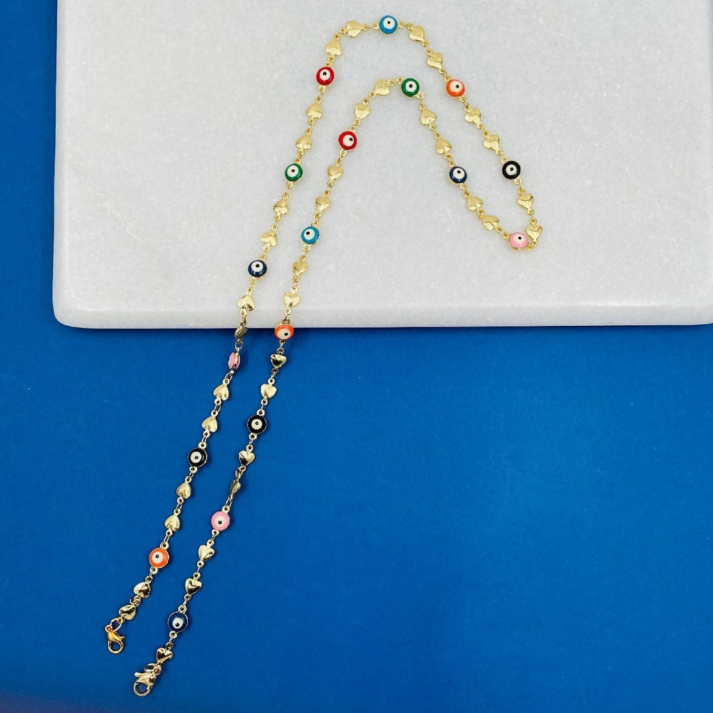 Copper Heart Round Evil Eye Gold Multi Colour Enamel Mask Chain Bulk