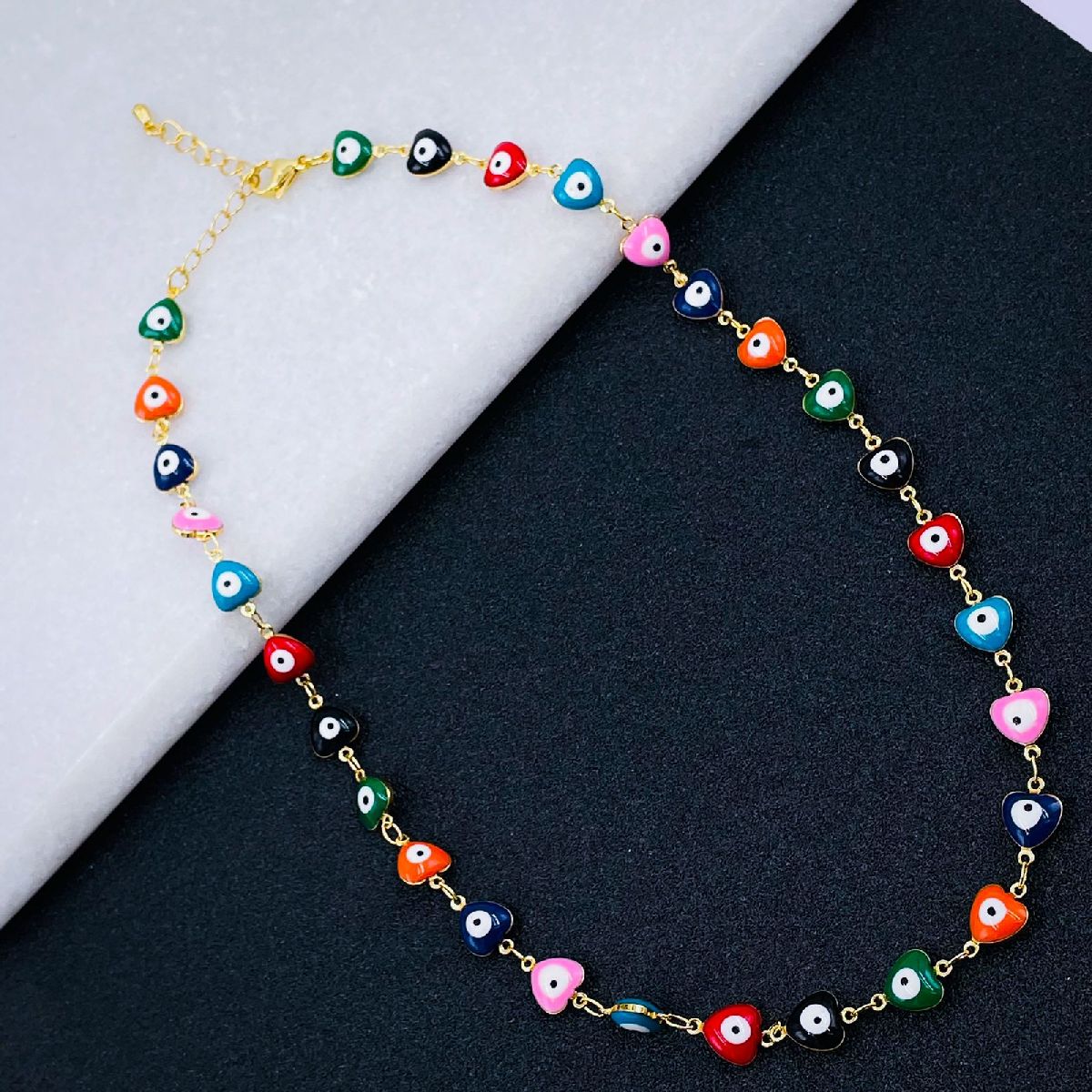 Copper Gold Multicolour Enamel Heart Evil Eye Necklace Chain Bulk Main image