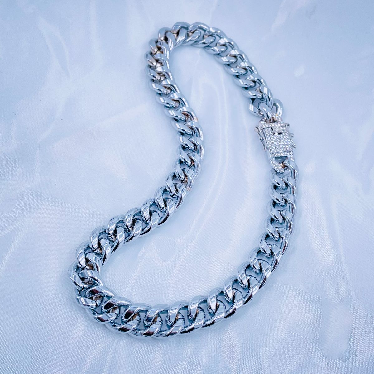 Hip Hop Iced Out Alloy Cuban Curb Silver Rhinestone Studded Chunky Necklace Chain 18" Men Main image