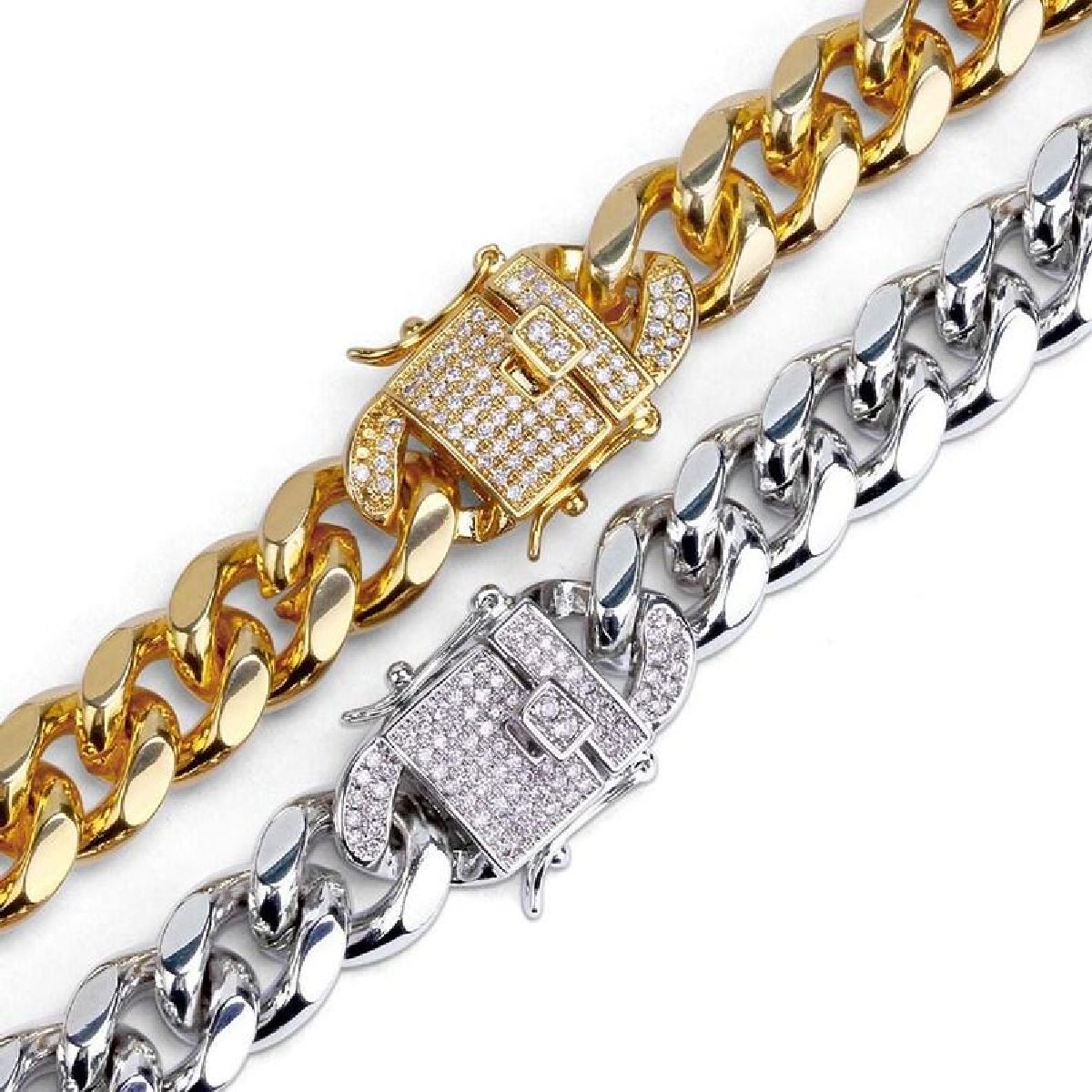 Hip Hop Iced Out Alloy Cuban Curb Silver Rhinestone Studded Chunky Necklace Chain 18" Men