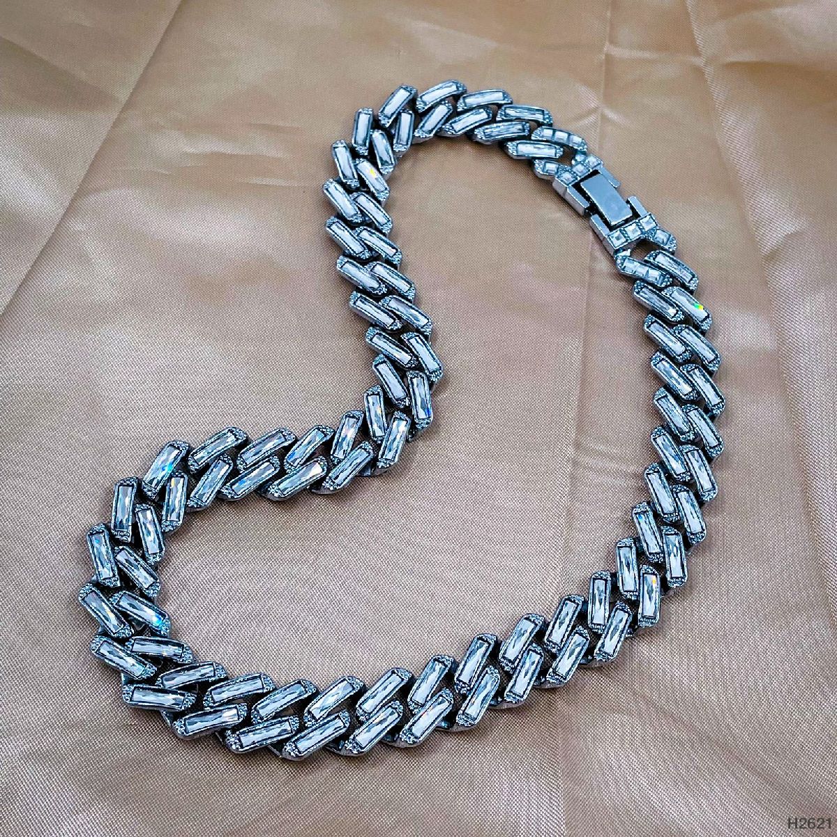 Hip Hop Iced Out Alloy Cuban Curb Gold Rhinestone Baguette Stainless Steel Necklace Chain 20"