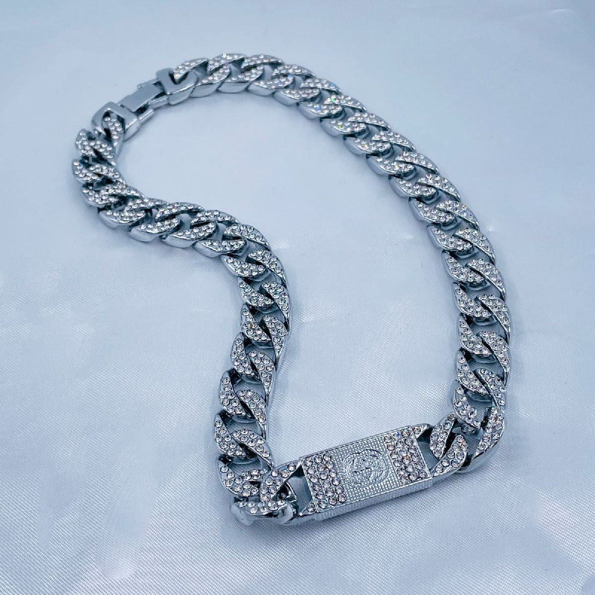 Hip Hop Iced Out Alloy Cuban Silver Stainless Steel Rhinestone Curb Engrave Chain 18" For Men Main image