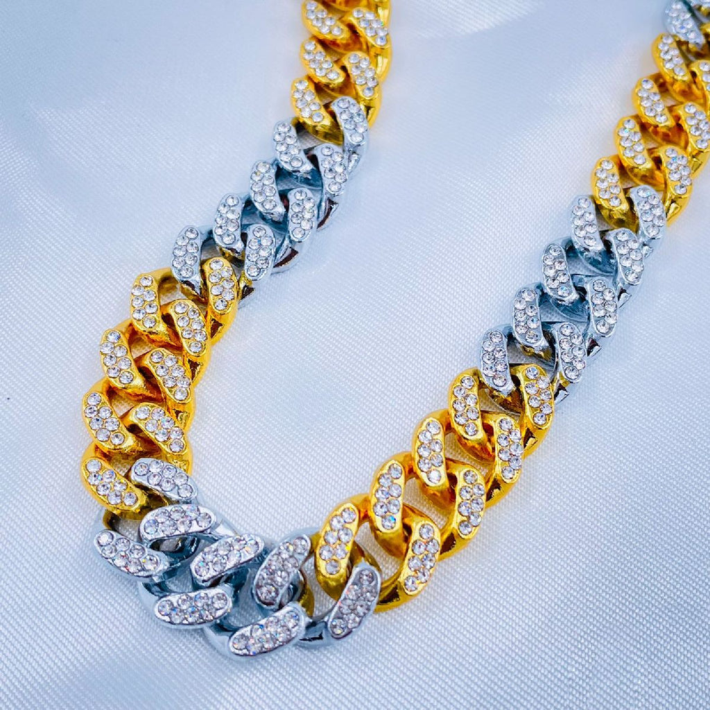 Hip Hop Iced Out Alloy Cuban Curvy Curb Gold Rhinestone Stainless Steel Two Tone Chain 20"