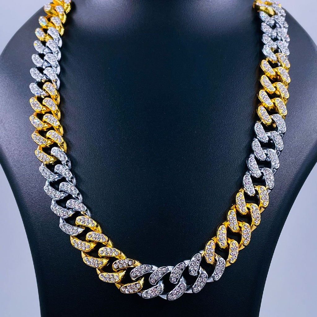 Hip Hop Iced Out Alloy Cuban Curvy Curb Gold Rhinestone Stainless Steel Two Tone Chain 20"
