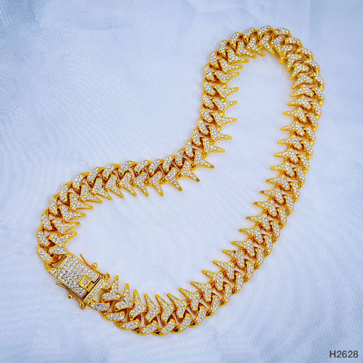 Hip Hop Iced Out Alloy Cuban Lightning Curb Gold Rhinestone Studded Chunky Necklace Chain 18" Main image
