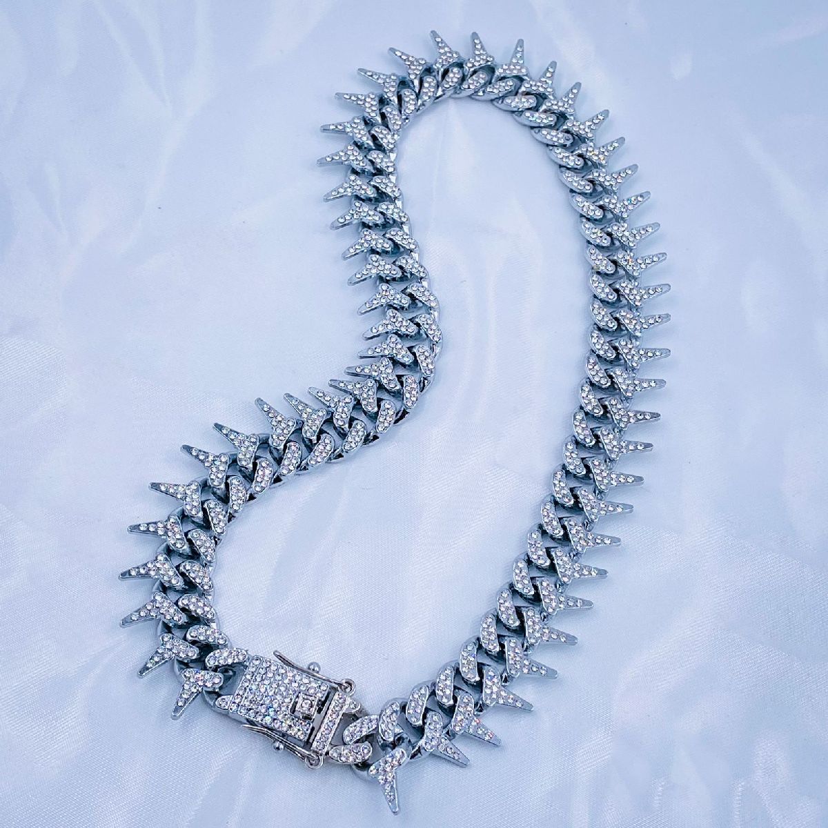 Hip Hop Iced Out Alloy Cuban Lightning Curb Gold Rhinestone Studded Chunky Necklace Chain 18"
