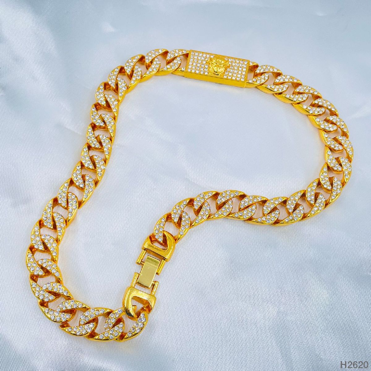 Hip Hop Iced Out Alloy Cuban Gold Rhinestone Studded Chunky Logo Necklace Chain Main image