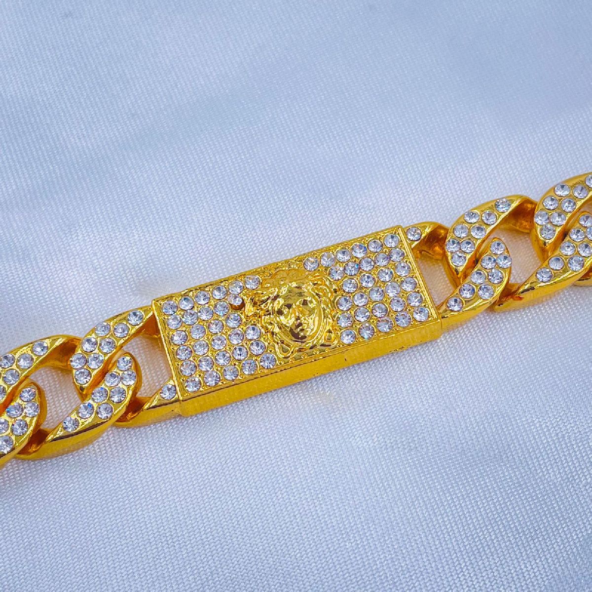 Hip Hop Iced Out Alloy Cuban Gold Rhinestone Studded Chunky Logo Necklace Chain