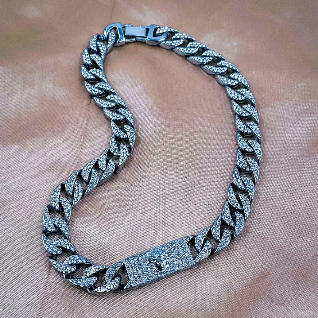 Hip Hop Iced Out Alloy Cuban Gold Rhinestone Studded Chunky Logo Necklace Chain