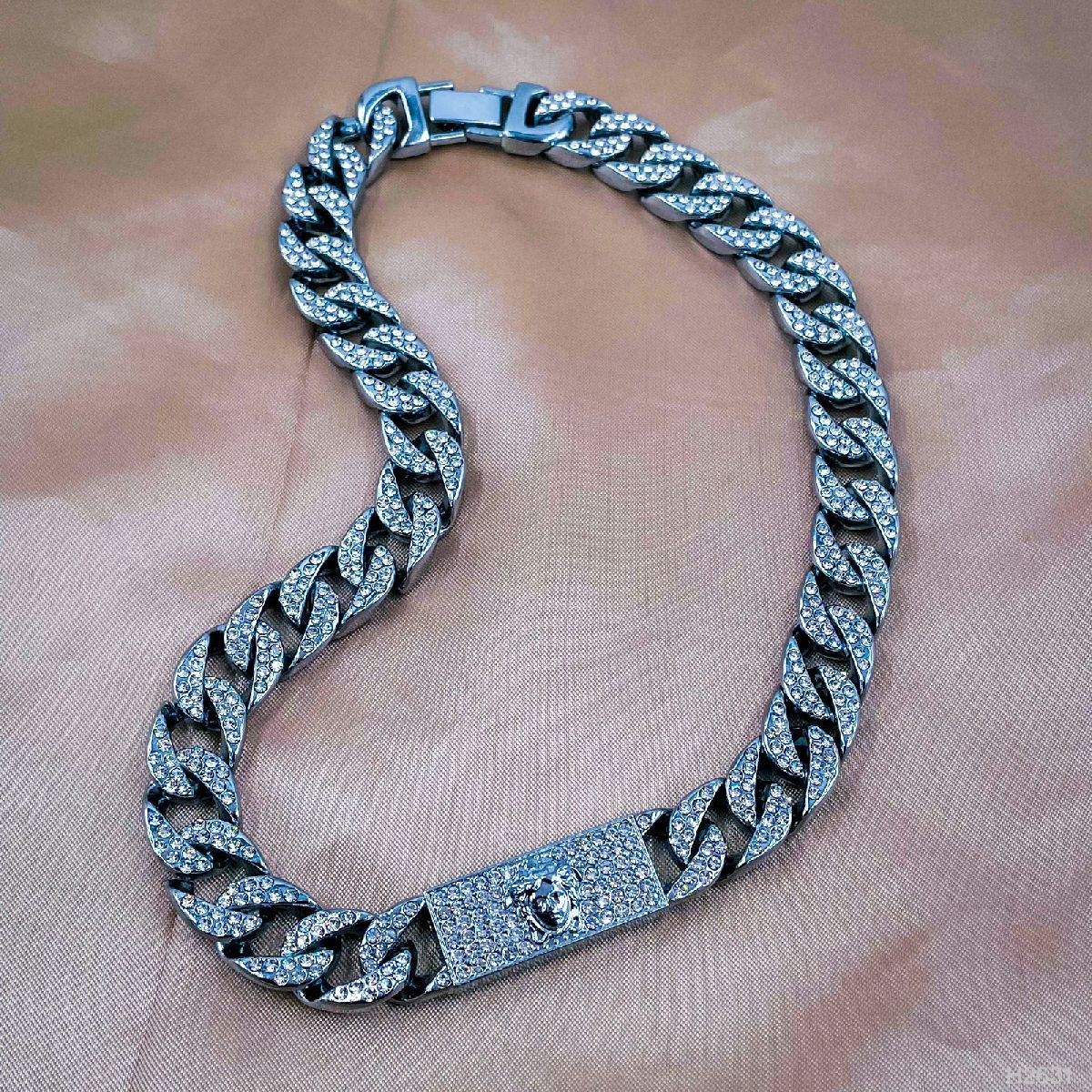 Hip Hop Iced Out Alloy Cuban Gold Rhinestone Studded Chunky Logo Necklace Chain